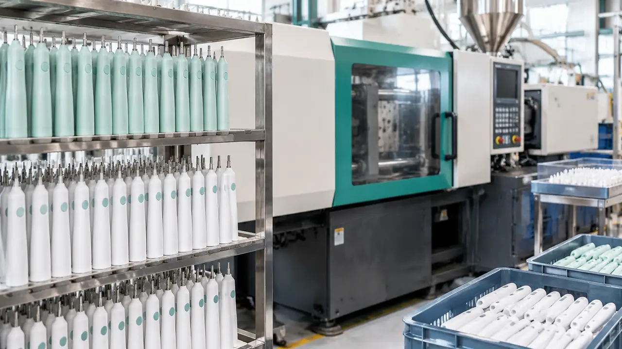 Linea di produzione di spazzolini elettrici con manichi stampati, inserti motore e unità sigillate che attraversano le postazioni di assemblaggio