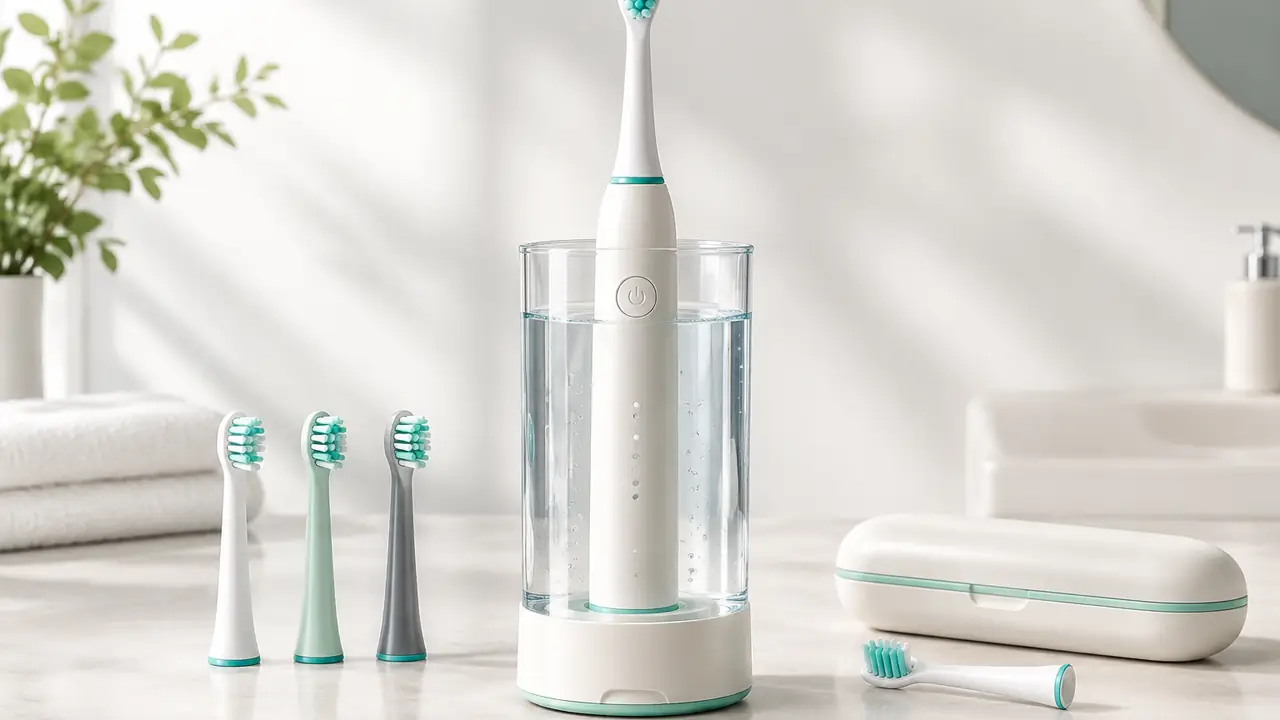 Sealed electric toothbrush handle beside a water tank illustrating the IPX7 immersion test