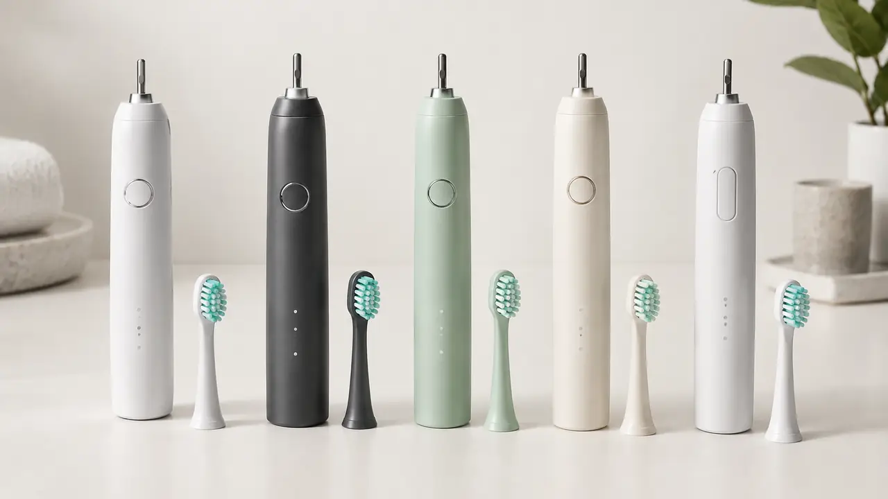 Electric toothbrush handles and brush heads arranged on a warm white studio surface