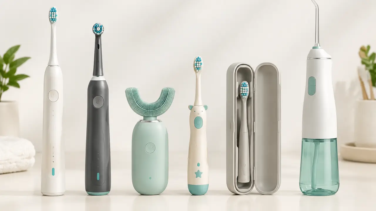 Gammes de brosses à dents électriques présentées des manches soniques aux têtes de brosse, moteurs et socles
