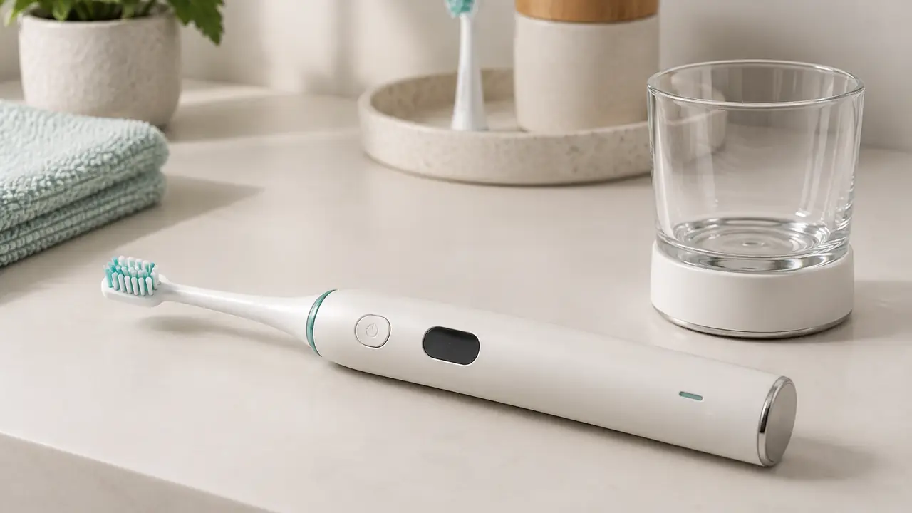 Smart electric toothbrush with Bluetooth app pairing beside a smartphone showing a brushing report