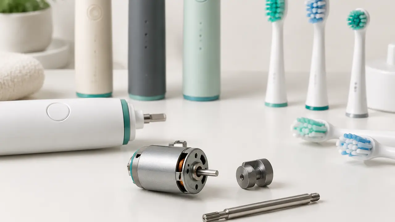 Micromotore di spazzolino sonico con peso eccentrico accanto alla scheda driver e al supporto antivibrazione