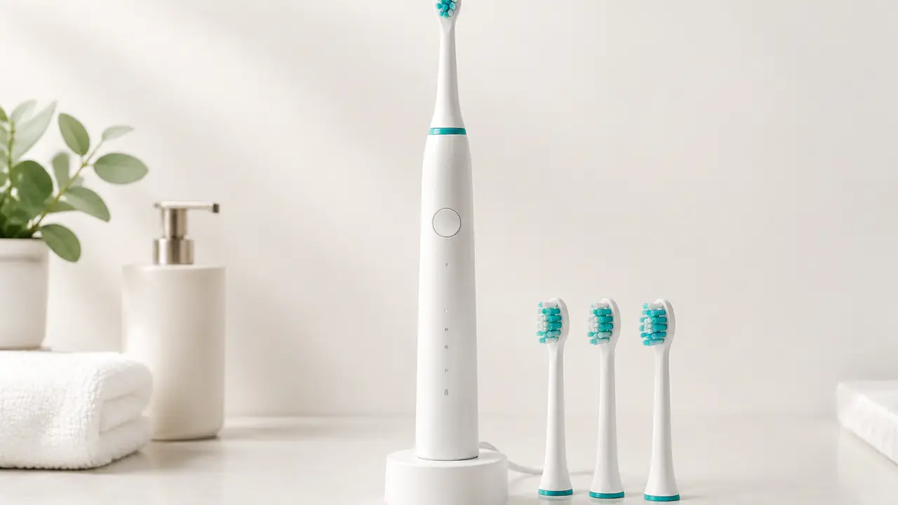 Sonic electric toothbrush standing on its charging dock with spare brush heads beside it