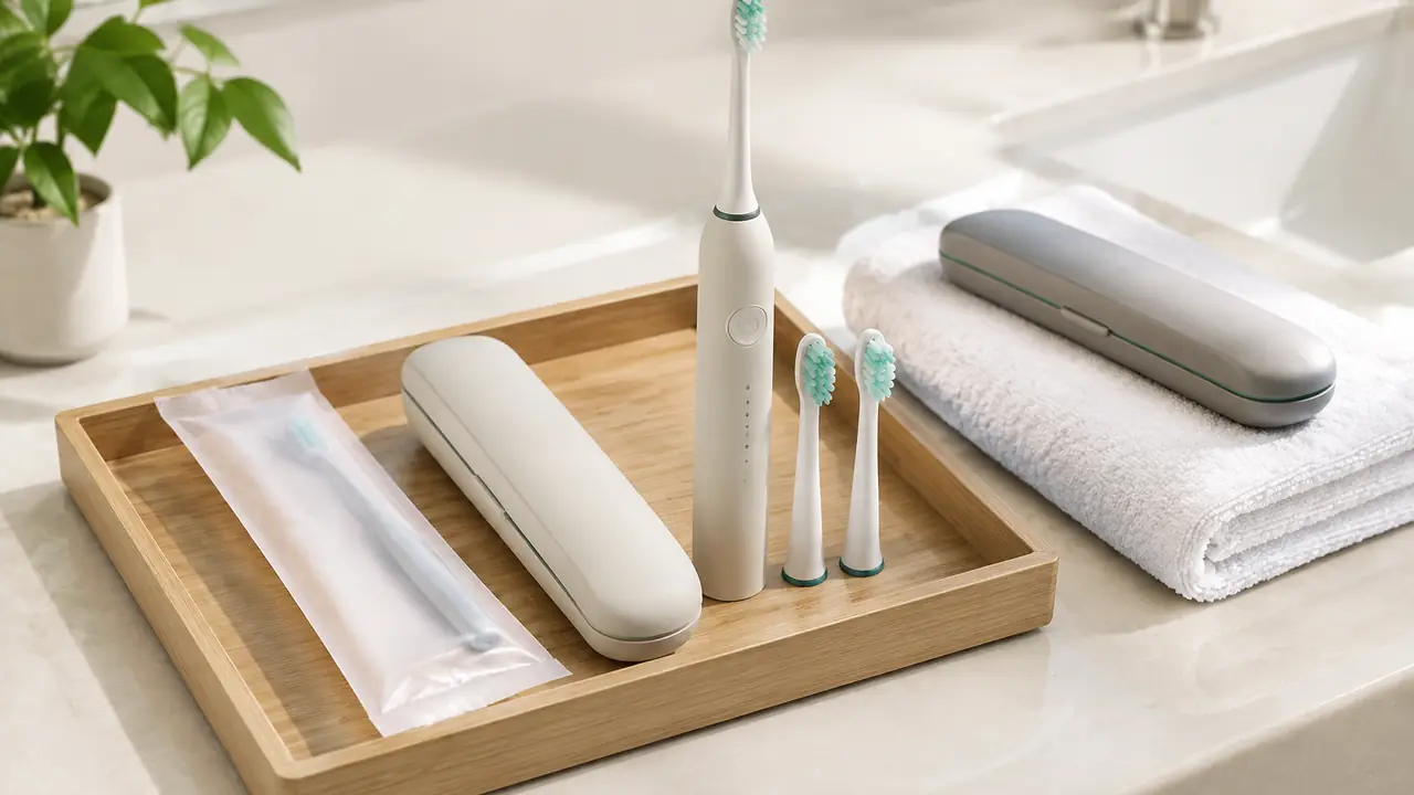 客室用に密閉したアメニティキットと、持ち帰れるトラベル電動歯ブラシを並べたホスピタリティのプログラム
